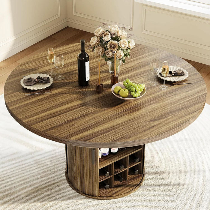 Dining Table, 47 Inch round Dinner Table for 4-6, Kitchen Tables with Storage and Wine Cabinet for Home Dining Room Living Room, Walnut