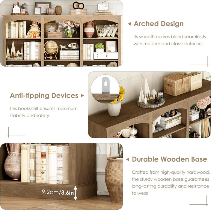 71" Triple Wide Bookshelf, 6 Tier Tall Bookshelf, Large Arched Bookcase with Curved Baffle, 63.4" Wide Book Shelf with 18 Open Display Shelves for Living Room, Study, Phoebe Zhennan