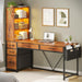 Computer Desk with 5 Drawers and Bookshelf, Reversible Home Office Desk with Storage Shelves and File Drawer, Gaming Corner Desk with LED Lights for Small Spaces, Rustic Brown