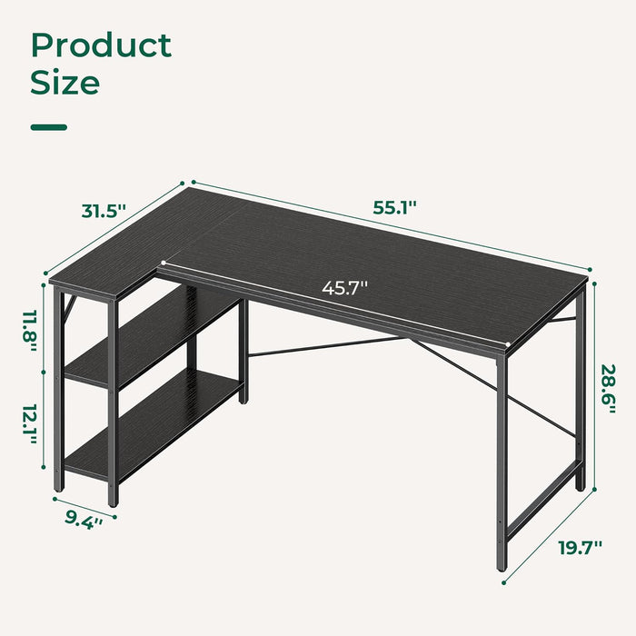 L Shaped Desk, 55 Inches Computer Desk with Reversible Storage Shelves, for Gaming Corner Home Office Writing Study, Metal Frame, Black