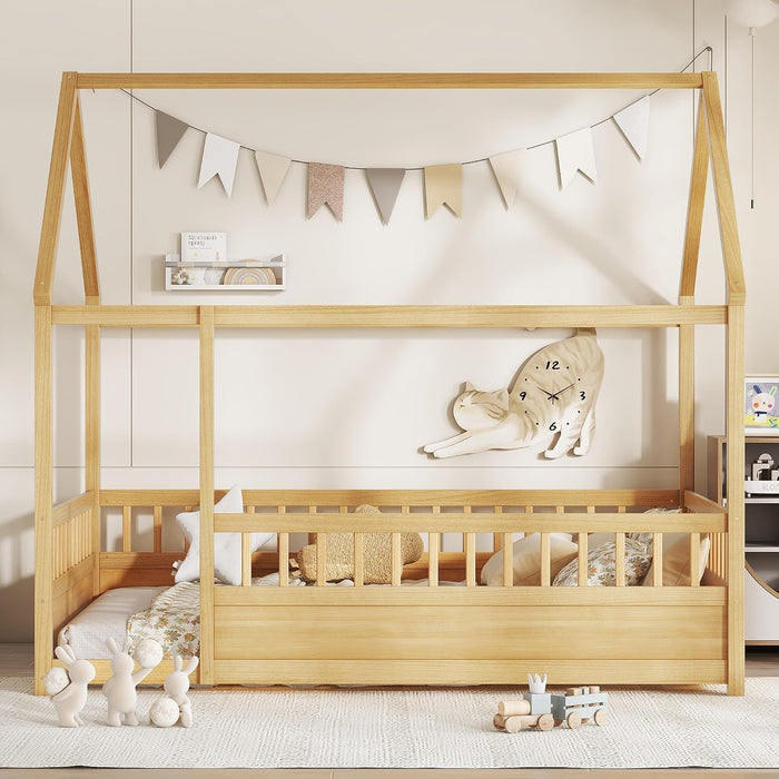 Natural Wooden Montessori Platform Bedstead With Fence