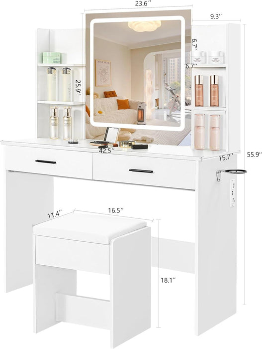 Small Vanity Desk with Mirror and Lights, Makeup Vanity with 2 Large Drawers and Stool, White Dressing Table for Girls Bedroom