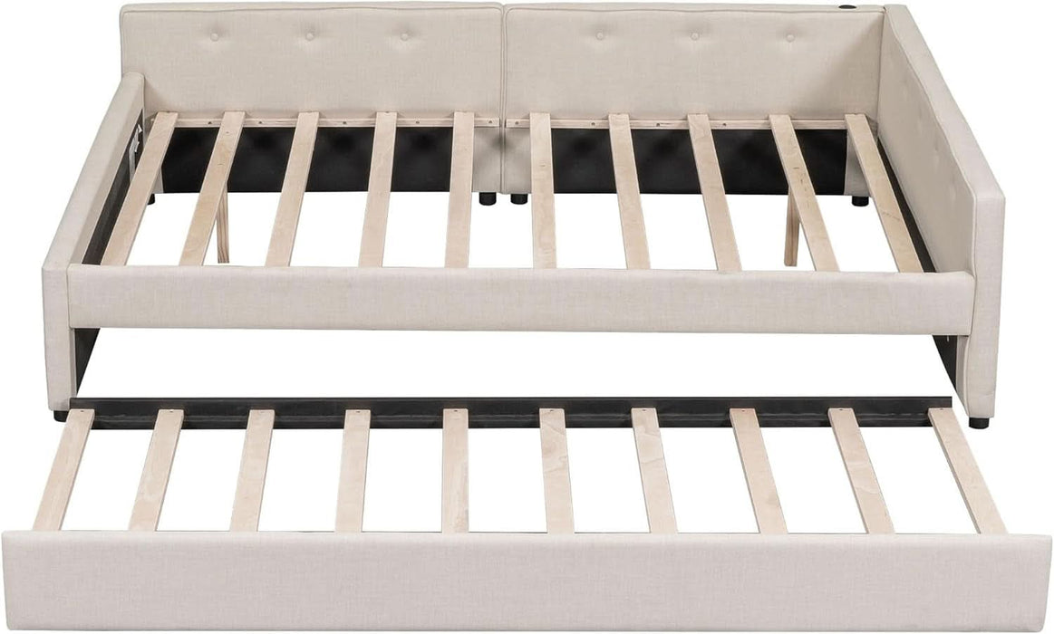 Queen Linen Upholstered Platform USB Ports and Twin Size Trundle,Modern Wooden Bed Frame W/Wood Slats Support,No Box Spring Required,For Dormitory,Apartment,Beige