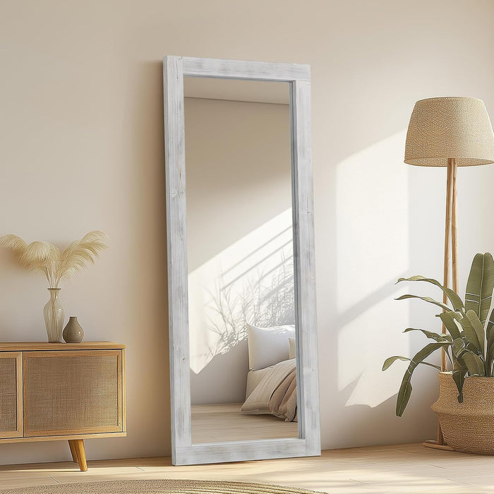 Rustic Floor Full Length Mirror Wood Frame, 56"X21" White Mirror