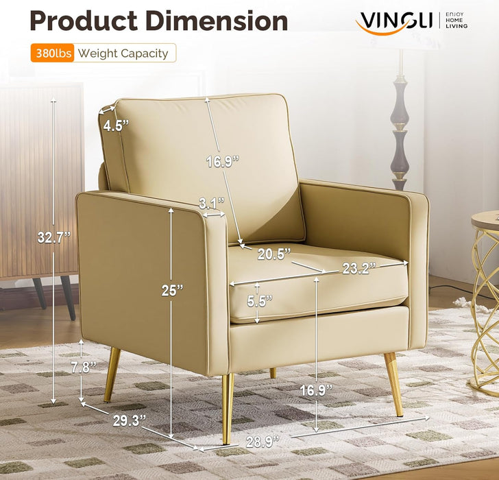 Modern PU Leather Accent Chairs Set of 2, Single Sofa Chair with Pocket Coil Seat, Metal Backrest & Solid Wood Frame, Upholstered Armchair for Living Room, Bedroom or Office