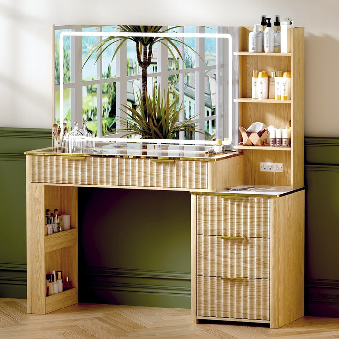 51Inch Oak Vanity Desk With IndustrialLEDLighting System