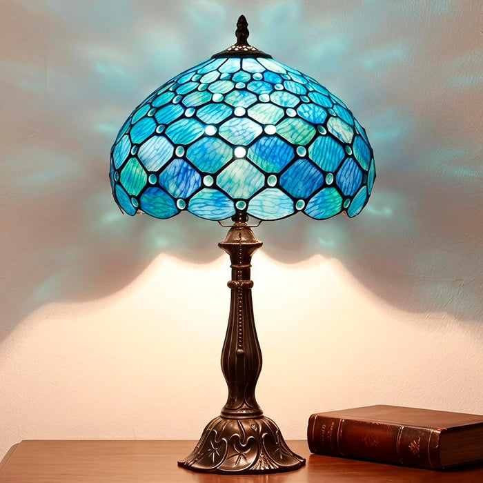 Tiffany Style Stained Glass Table Lamp Sea Blue Pearl 18.5 Inch