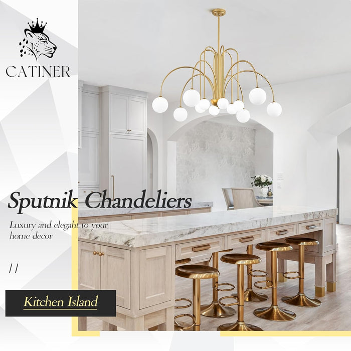 Large Sputnik Chandeliers 12 Lights Modern Gold Chandelier for High Ceiling L52” Mid Century Ceiling Pendant Light Fixtures with Milk Glass Globe Shades for Living Dining Room Foyer Staircase