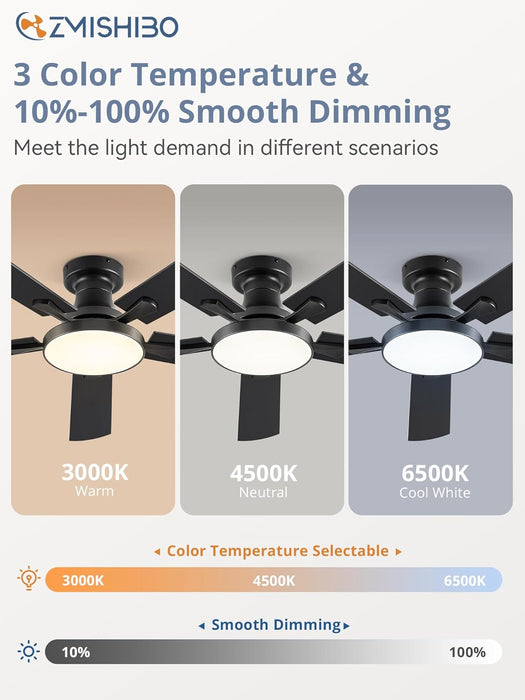 52 Inch Ceiling Fans with Lights, Flush Mount Low Profile Ceiling Fan with 6 Speeds & 3CCT, Smart Remote&App Control, Dimmable 24W LED Light, Quiet DC Motor for Living Room Bedroom,Black