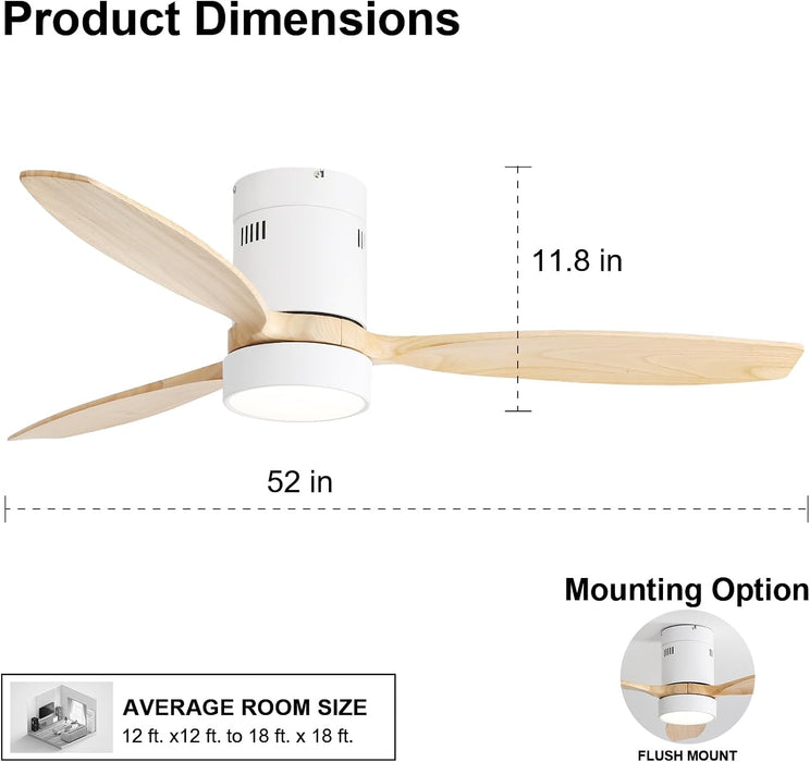 52 Inch Wood Low Profile Ceiling Fans with Lights and Remote, Modern Flush Mount Quiet Ceiling Fan for Bedroom, Reversible DC Motor for Living Room/Farmhouse/Patio/Indoor/Outdoor(White+Wood)