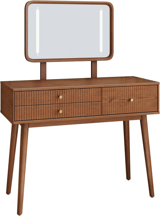 Wood Vanity with Mirror Light, Three-Drawer Vanity, Three-Color Adjustable Vanity Mirror, Suitable for Bedrooms and Dressing Rooms, Walnut Wood
