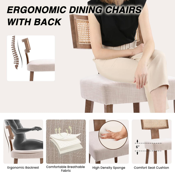 Mid Century Modern Rattan Dining Chairs Set of 4, Farmhouse Linen Upholstered Accent Chair Curved Backrest Kitchen Chairs, with Hardwood Frame, Beige