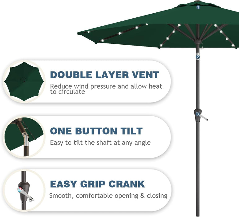 9FT Patio Umbrella with Solar Lights,Outdoor Market Umbrella with Tilt and Crank, LED Lighted Table Umbrella for Garden,Deck,Backyard,Pool,Beach