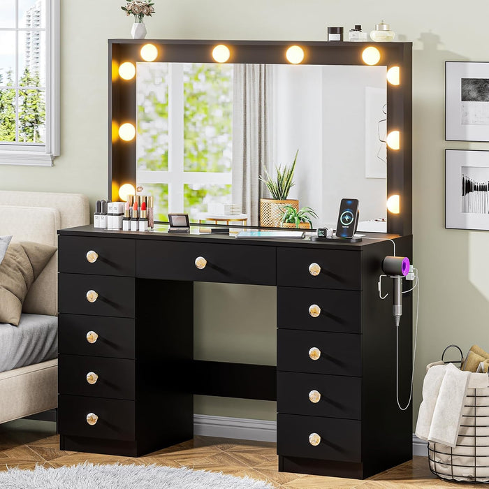 42.1" Vanity with Large Mirror and 10 LED Lights, Vanity Desk with Glasstop, 11 Drawers with Crystal Handles, Dressing Table with Power Outlet as Gift for Women, Girls (Black)