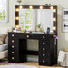 42.1" Vanity with Large Mirror and 10 LED Lights, Vanity Desk with Glasstop, 11 Drawers with Crystal Handles, Dressing Table with Power Outlet as Gift for Women, Girls (Black)