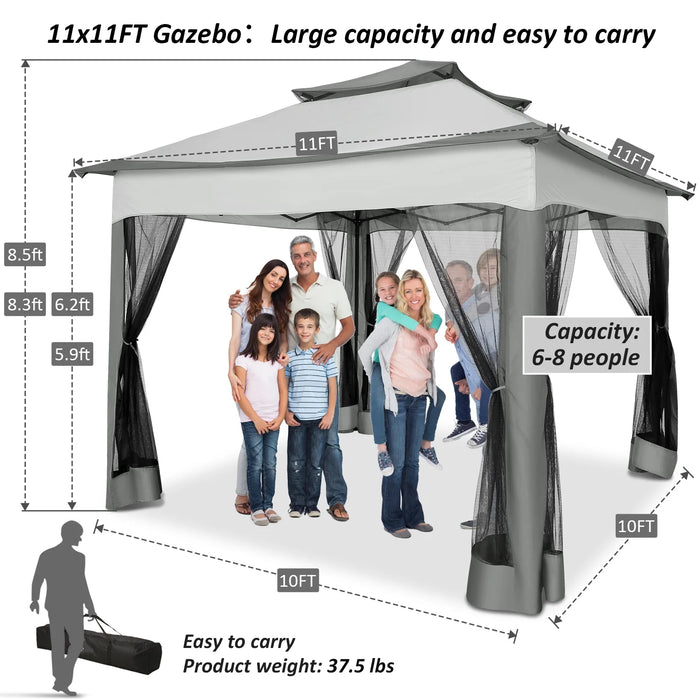 11 X 11 Ft Outdoor Patio Gazebo with Ventilated Double Roof and Mosquito Net, Pop up Steel Canopy for Patios, Backyard, Garden and Beach