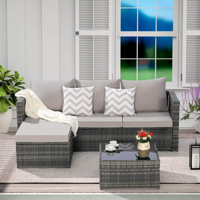 3 Pieces Patio Furniture Set All-Weather Outdoor Wicker Sectional Conversation Sofa Rattan Patio Sofa W/Cushion & Glass Table,Patio Conversation Set,Backyard Furniture for Porch (Light Gray)