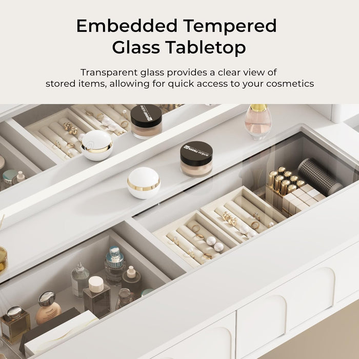 Vanity Desk with Mirror and Lights, 48'' Makeup Vanity with Arch Groove, Fluted Modern Vanity with Glass Top & Storage Cabinet, 3 Lighting Modes Adjustable Brightness for Bedroom, White