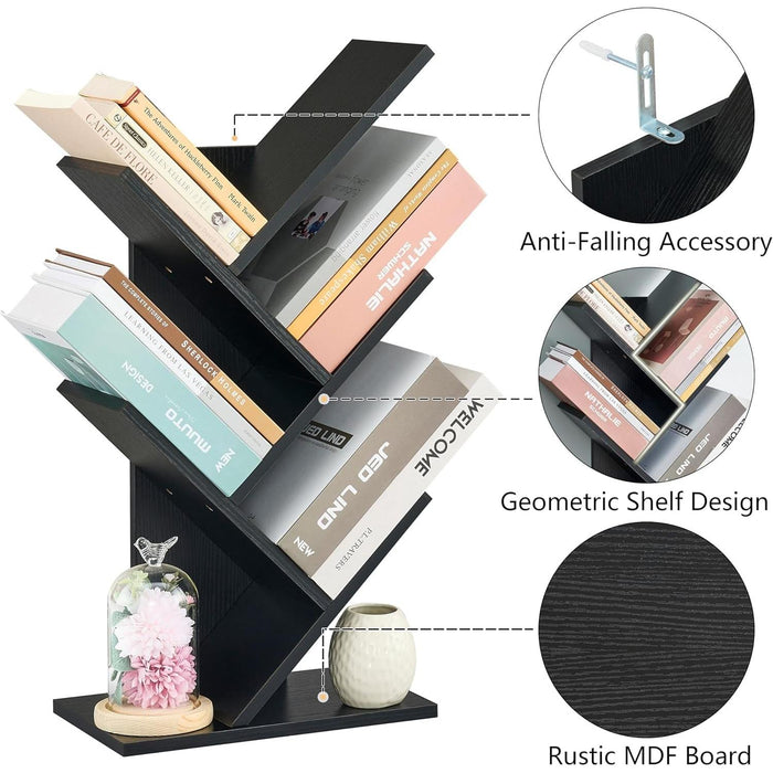 4 Tier Tree Bookshelf, 4 Shelf Bookcase, Free Standing Tree Bookcase, Display Floor Standing Shelf for Books, Book Organizer Shelves for Home Office, Living Room, Bedroom, Black