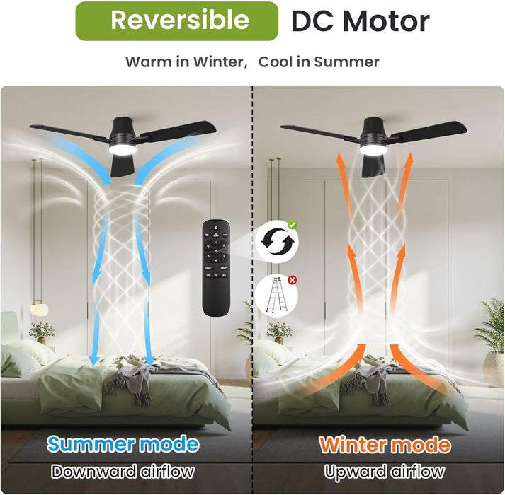 Ceiling Fans with Lights and Remote: 42 Inch Modern Black Ceiling Fan, Low Profile Flush Mount, Quiet Reversible DC Motor & 3CCT Dimmable LED for Bedroom Living Room Kitchen Indoor Outdoor