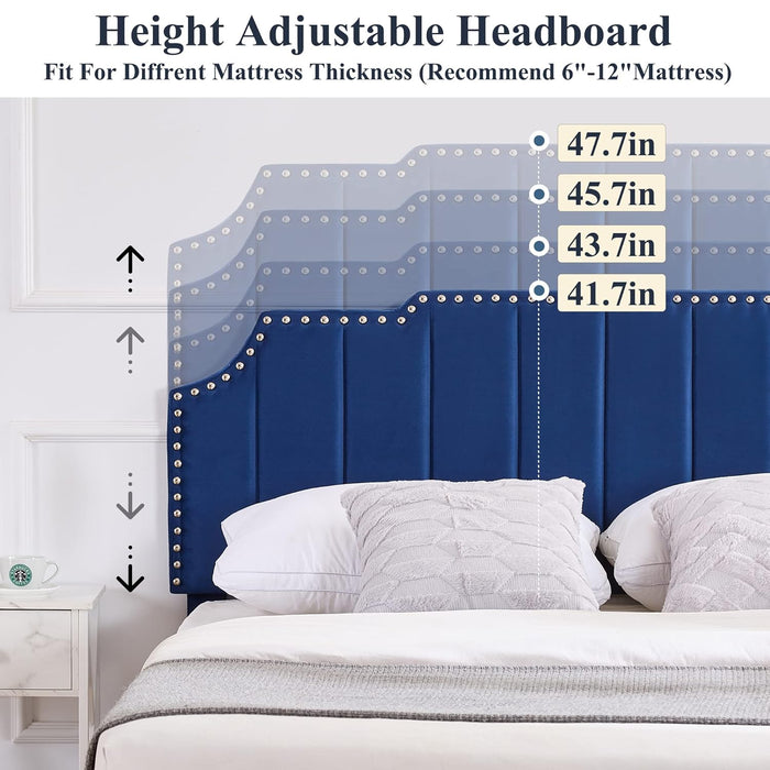 Full Upholstered Platform Bed Frame with Tufted Adjustable Headboard/Mattress Foundation/Wood Slat Support,Easy Assembly,Navy Blue