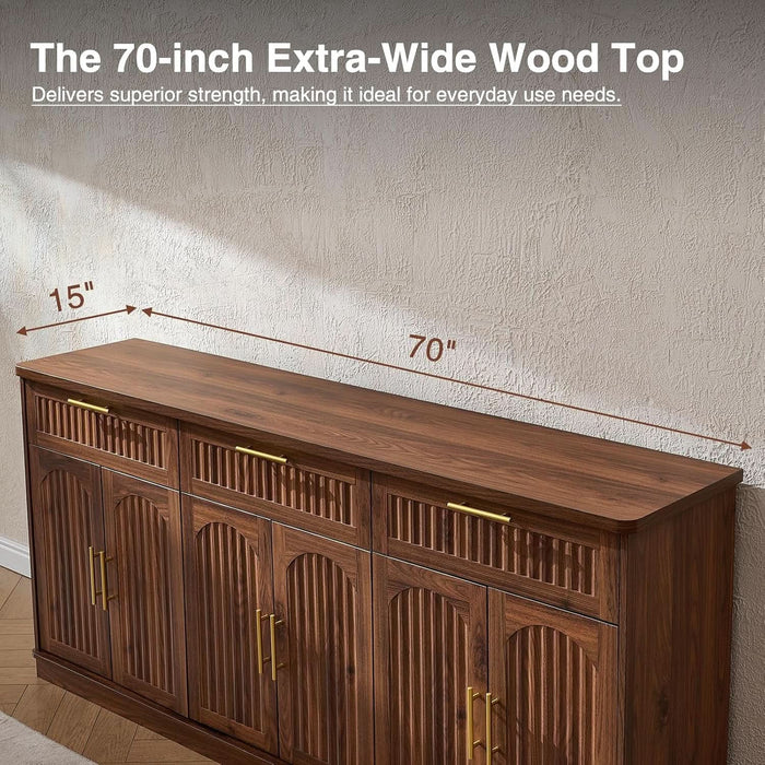 70" Modern Buffet Cabinet with 6 Doors & 3 Drawers Storage, Walnut