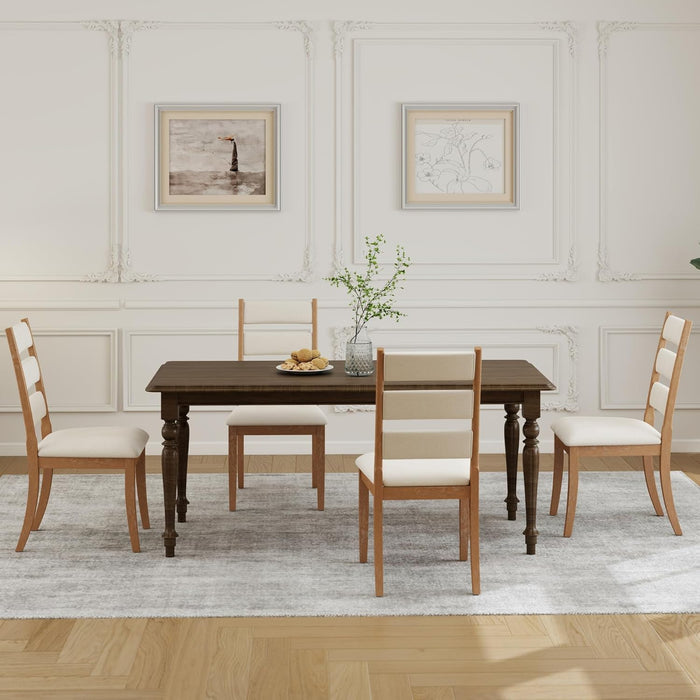 Dining Chairs Set of 6 Farmhouse Kitchen Chairs with Upholstered Cushion Back and Seat Ladder Back Side Chairs for Dining Room Living Room Restaurant(Brown Frame, Chenille Beige)