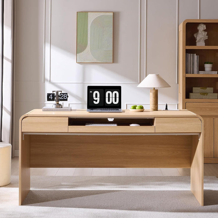 63" Curved Edge Home Office Desk, Modern Computer Desk, Natural
