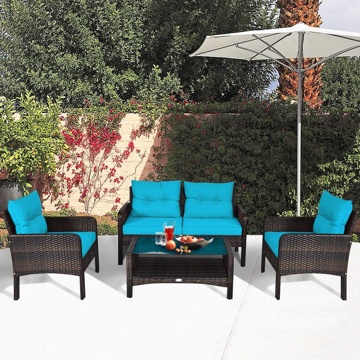 4-Piece Patio Furniture Set Outdoor Rattan Wicker Conversation Set with Coffee Table, Sectional Sofa Bistro Set with Cushions for Garden Poolside Backyard
