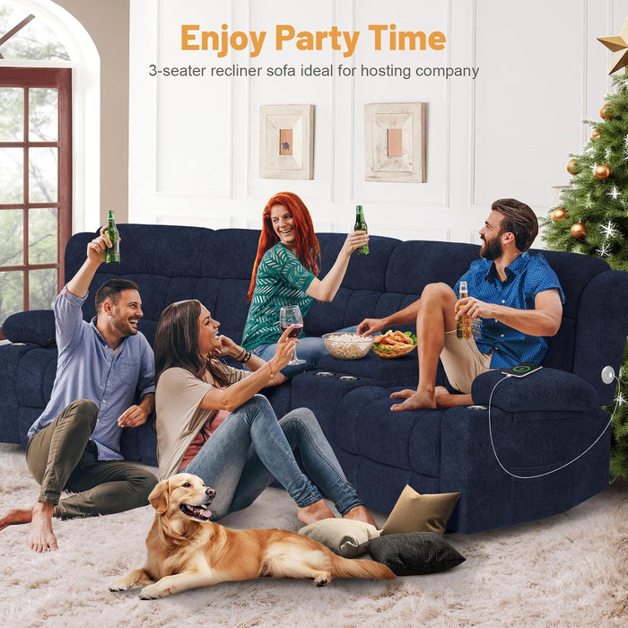 Recliner Sofa with Storage Console, Flip Middle Backrest Design 3-Seater Reclining Sofa with Storage Drawer, USB Ports & Cup Holders, Manual Couch for Living Room (Blue, 3 Seater + Console)