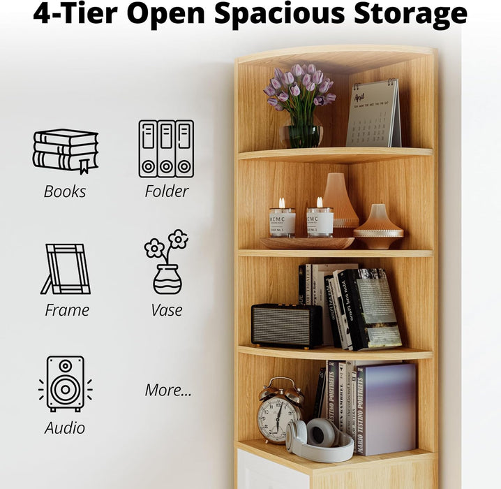 Corner Bookshelf and Bookcase, 71" H Wooden Book Shelves 4 Tier with Drawers and Storage Cabinet for Living Room, Office, Bedroom, Oak and White