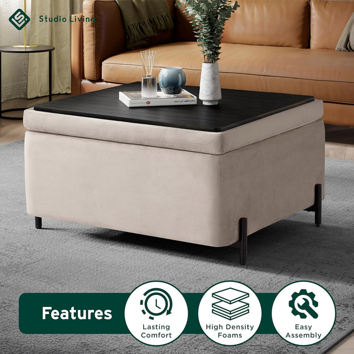 ® Connor 31.1" Large Storage Ottoman, Modern Boho, Matte Black Metal Legs, Velvet Fabric, Taupe
