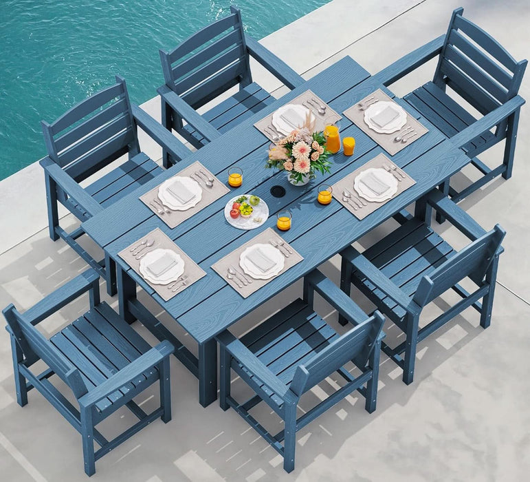 6 piece patio dining set with umbrella 7 Piece Patio Dining Set Outdoor HDPE Table Blue Chairs
