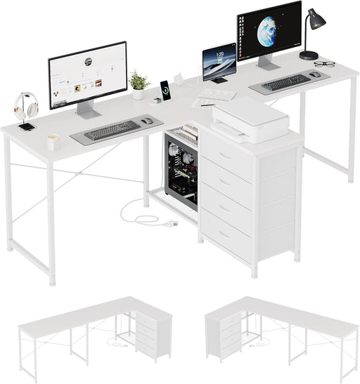 2 Person Desk & L Shaped Desk, 76.4'' Home Office Desk with 4 Drawers & Outlet, Corner Computer Desk with Metal Wire Shelf, Adjustable Drawer Orientation & Desk Shape for All Space, Brown