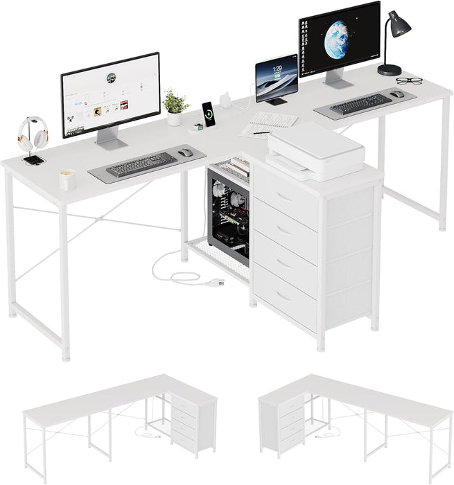 2 Person Desk & L Shaped Desk, 76.4'' Home Office Desk with 4 Drawers & Outlet, Corner Computer Desk with Metal Wire Shelf, Adjustable Drawer Orientation & Desk Shape for All Space, Brown