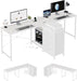 2 Person Desk & L Shaped Desk, 76.4'' Home Office Desk with 4 Drawers & Outlet, Corner Computer Desk with Metal Wire Shelf, Adjustable Drawer Orientation & Desk Shape for All Space, Brown