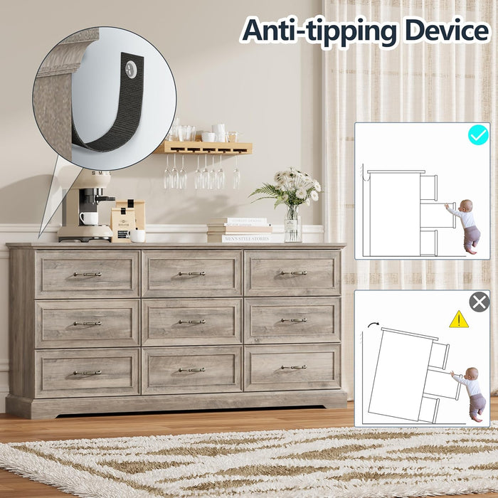 9 Drawer Dresser for Bedroom, 63" Wide Wooden Chest of Drawers, Rustic Farmhouse Dresser with Large Drawers & Metal Handles, Modern Storage Organizer for Closet, Living Room, Hallway, Grey