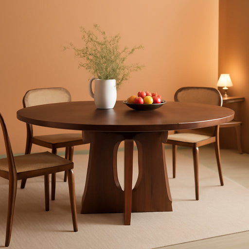 59-Inch Extendable Dining Table, Kitchen Table for 4-6 People | Farmhouse Wood Space-Saving Expandable Dinner Table, round to Oval Pedestal Dining Table, Dark Brown Walnut