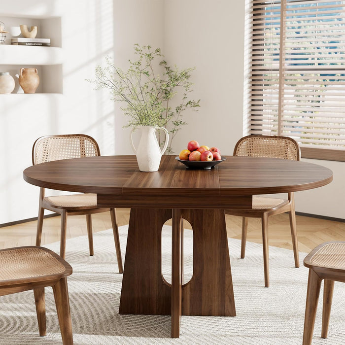 59-Inch Extendable Dining Table, Kitchen Table for 4-6 People | Farmhouse Wood Space-Saving Expandable Dinner Table, round to Oval Pedestal Dining Table, Dark Brown Walnut