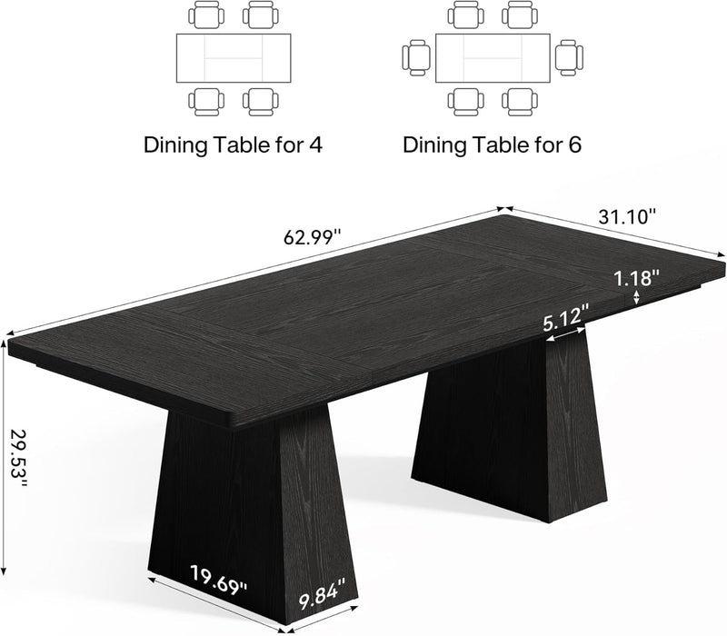 Dining Table for 6 People, Wooden Dining Table, Rectangle Table with Heavy Duty Legs, Modern Dining Table for Kitchen, Dining Room, Black