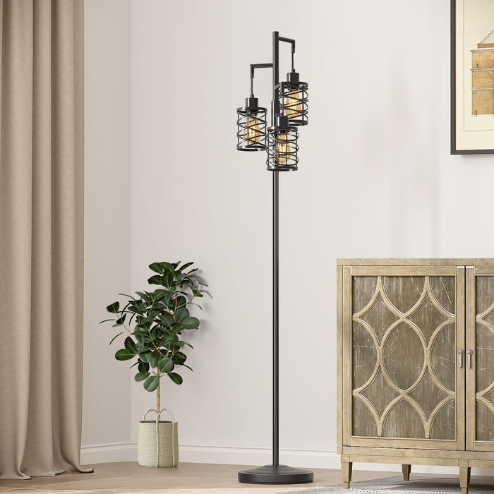 70" Industrial Floor Lamp, Stepless Dimmable Standing Lamp with 3 Bulbs, Farmhouse Corner Standing Tree Lamp for Living Room, Tall Lamps for Bedroom, Office, Study Room, Dining Room, Black