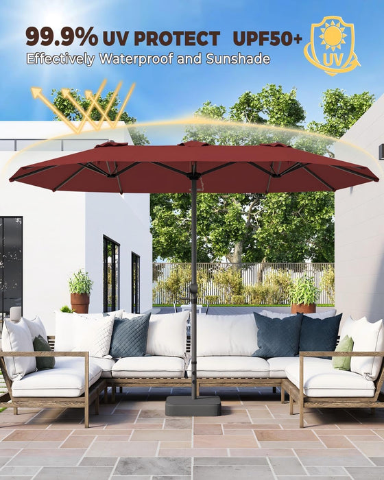15FT Large Patio Umbrella with Base Included, Outdoor Deck Standing Umbrella with Crank Handle, Double-Side Rectangular Pool Umbrella for Outside, Market, Patio, Burgundy