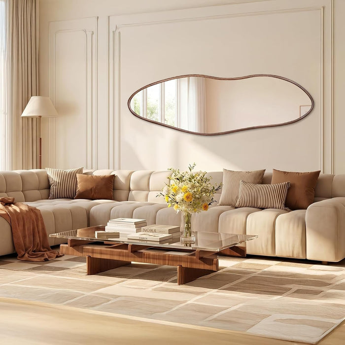 Irregular Full Length Mirror 64"X21", Cloud-Shaped Full Body Mirror Walnut
