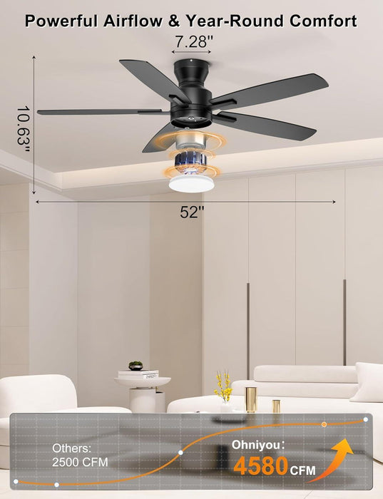 Ceiling Fans with Lights, 52'' Low Profile Ceiling Fan with Light and Remote/App Control, Modern Flush Mount Ceiling Fan for Indoor Bedroom Living Room, Dimmable, Qiuet DC Motor, Black