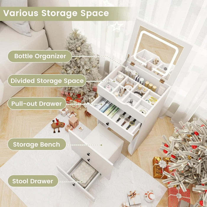 Small Vanity Desk Set, Makeup Vanity Table with Flip-Up Lighted Mirror, Storage Bench, 2 Drawers, 8 Wheels, White Girls Dressing Table Nightstand for Small Space Bedroom