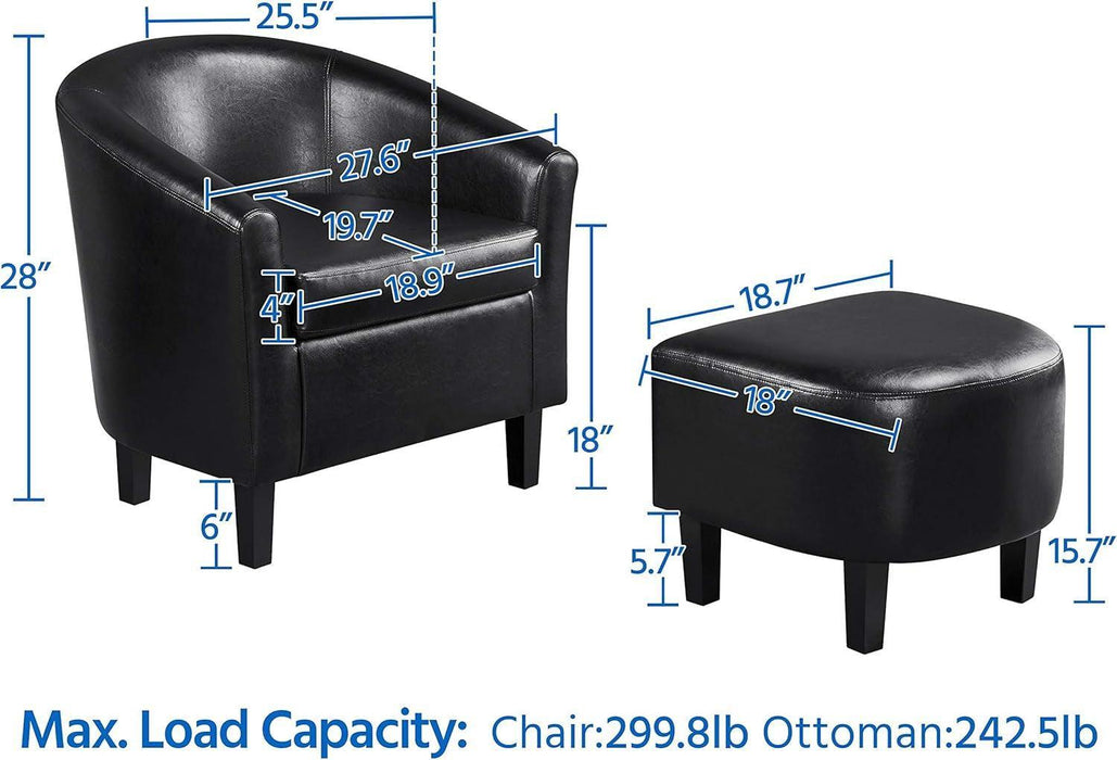 Accent Chair with Ottoman Set, Modern Faux Leather Upholstered Soft Barrel Chair and Footrest, Club Armchair and Footstool for Living Room/Bedroom/Reading Room/Guest Room, Black
