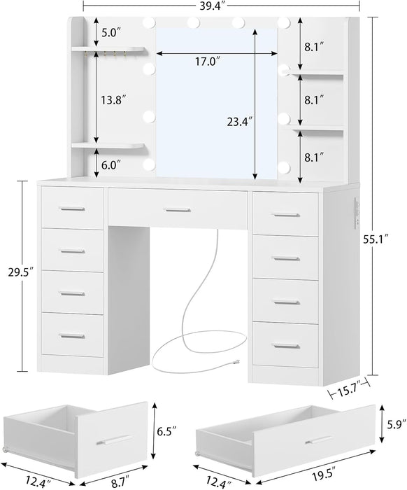 Vanity Desk with Mirror and Lights, Makeup Vanity with 9 Drawers, 4 Shelves & 5 Jewel Hooks, White Vanity with Outlet & 3-Color Dimmable LED, Dressing Table for Women, Bedroom, White
