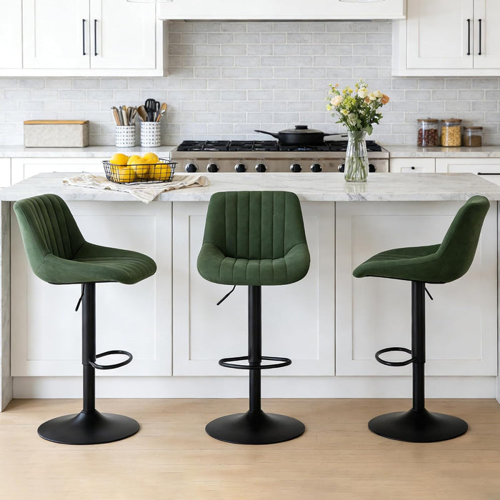 Faux Leather Adjustable Bar Stools Set of 3, Modern Swivel Barstools with Back, Black Metal Base and Footrest, Upholstered Armless Bar Chairs for Kitchen Island/Dining/Pub, Green