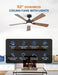 52 Inch Ceiling Fan with Lights and Remote, Downrod Mount, Sloped Ceiling Compatible up to 15°, Quiet Reversible DC Motor, 3CCT Dimmable LED, Black Ceiling Fan for Bedroom Living Room
