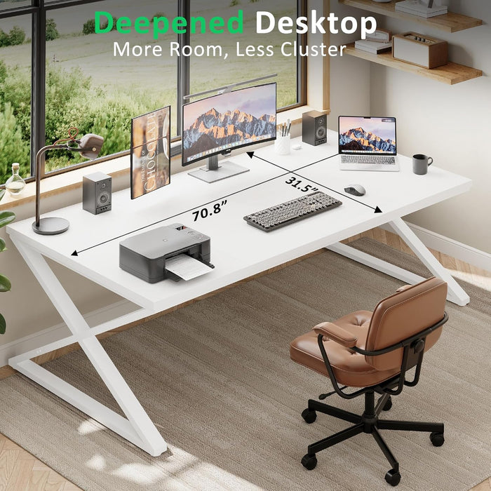 Long White Computer Desk, Modern Simple Large Home Office Desk, Wood Metal Work Study Writing Table for 2 Monitors, Double Pc Gaming Executive Workstation in Bedroom Living Room, White Oak,70 In